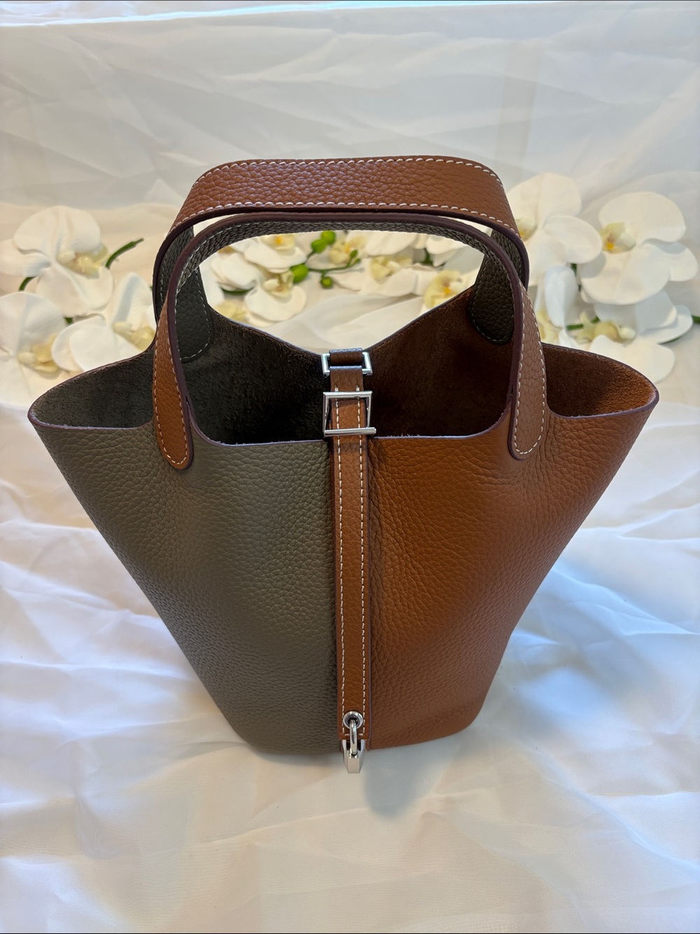 Picotin Style Taupe and Tan Bucket Bag - 18cm